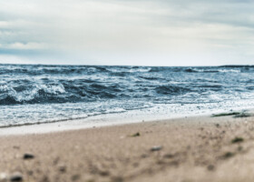 Herannahende Meereswelle vom Sandstrand aus gesehen