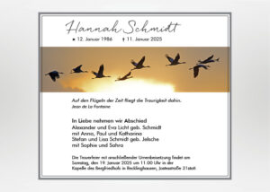 Hintereinander fliegende Wildgänse am Abendhimmel - Traueranzeige Motiv F-05