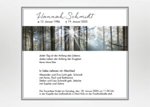 Sonnenstrahlen im Wald - Traueranzeige Motiv F-46