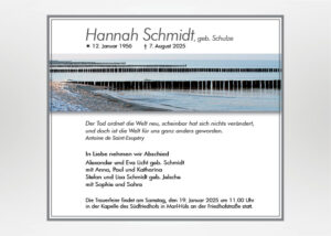 Holzbuhnen im Meer - Traueranzeige Motiv F-35