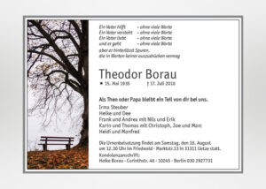 Traueranzeige mit Bank unter einem Baum - Motiv F-39